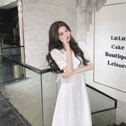 vmtvr Elegant V-neck Midi Dress Women Summer Puff Sleeve White Casual Party Dress Female Office Kawaii Lace One-piece Dress Korean Y2k