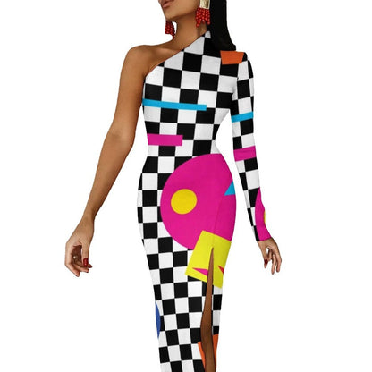 Memphis Retro Maxi Dress Long Sleeve Geometric Colorful Cute Bodycon Dress High Slit Streetwear Long Dresses Print Vestido