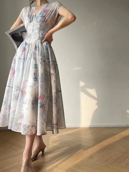 Elegant Vintage Printed V-neck Midi Dress Women Summer New French  Party Princess Dresses Prom Robe Female One Piece Vestidos