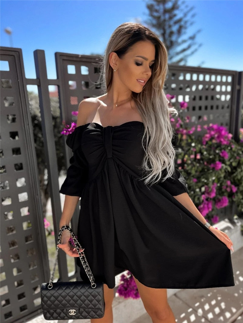 Women Elegant Lantern Half Sleeve Strapless Dress Sexy Off Shoulder Bow Pleat Loose Mini Dress Summer Casual Solid Beach Dress