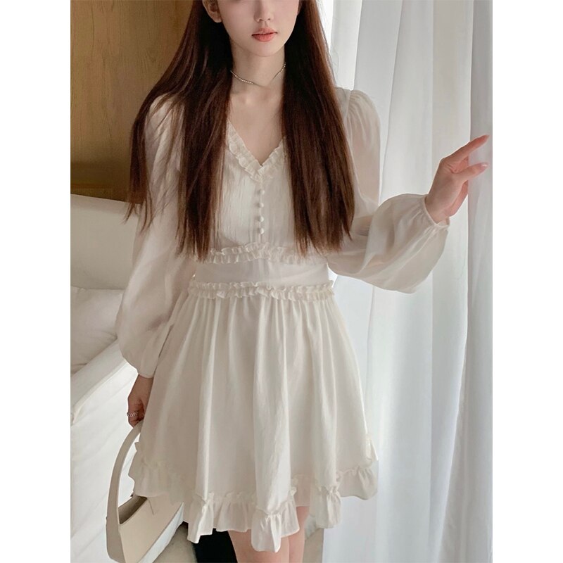 vmtvr - French Elegant Mini Dress Women Solid Basic Sweet Vintage Chiffon Dress Office Lady One Piece Dress Korean Solid 2023 Spring