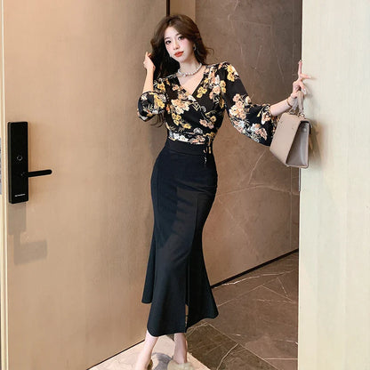 vmtvr New French Vintage Floral Dress for Women Long Sleeve Two Piece V-Neck Trumpet New Autumn Winter Fashion Dress Sets