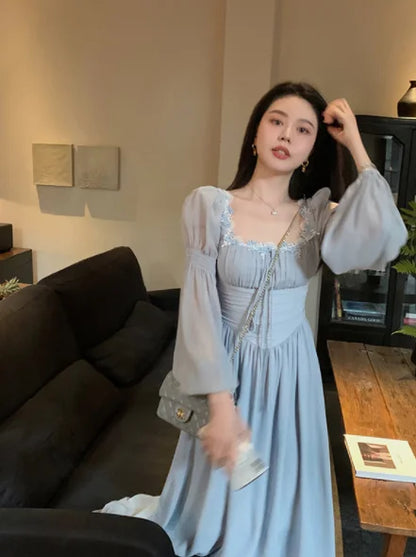 vmtvr  -  French Elegant Square Neck Chiffon Dress for Women Summer Evening Party Long Sleeve Female Dress Casual Fashion Midi Dress