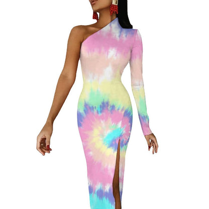 Rainbow Colors Maxi Dress Long Sleeve Colorful Aesthetic Cute Bodycon Dress High Slit Party Long Dresses Women Pattern Vestidos