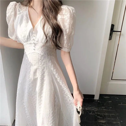 vmtvr Elegant V-neck Midi Dress Women Summer Puff Sleeve White Casual Party Dress Female Office Kawaii Lace One-piece Dress Korean Y2k