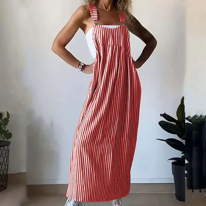 vmtvr Vintage Striped Print Sleeveelss Suspender Dress Summer Casual Pocket Loose Party Dress 2024 Women Sexy U-neck Pleat Long Dress