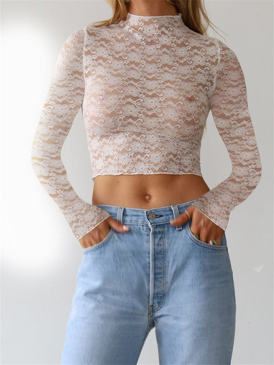 -Fall Outfits -Fall Outfits Long Sleeve Top  Sexy Women Lace Flower T-shirts Crop Tops Long Sleeve Mesh See-Through Solid Color Slim Fit Tees Shirts Clubwear