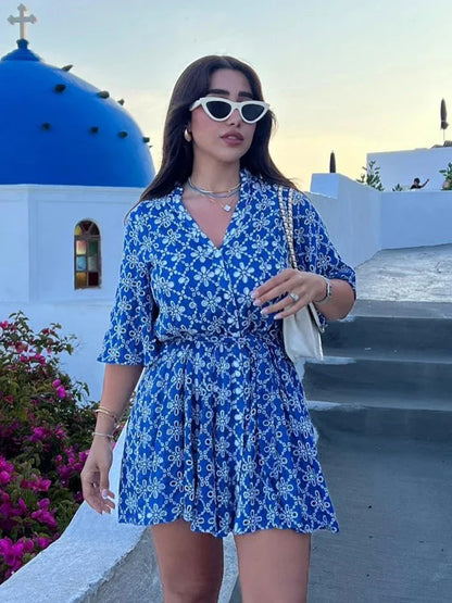 vmtvr  -  Batwing Sleeve Embroidery Summer Beach Casual Dress Women Buttons A-line Belt Loose Casual Holiday Blue Short Vestidos