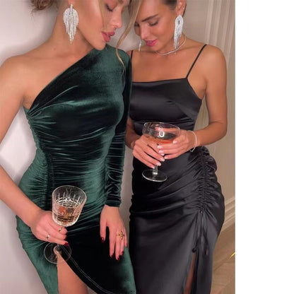 New Solid Long Sleeve One Shoulder Ruched Slit Velvet Midi Dress Sexy Party Club Elegant Bodycon Dresses Femme Robe Longue