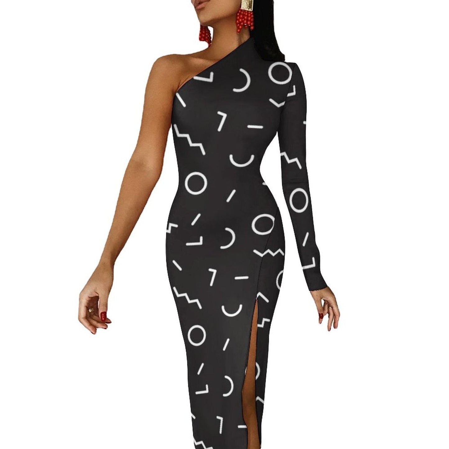 Memphis Retro Maxi Dress Long Sleeve Geometric Colorful Cute Bodycon Dress High Slit Streetwear Long Dresses Print Vestido