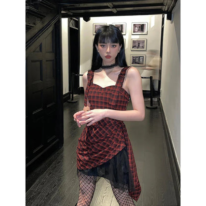 vmtvr  -  Women's A-line Red Plaid Evening Dress Elegant Off Shoulder Sleeveless Dress Vintage 90s Y2k One Piece Frocks Emo 2000s Clothes