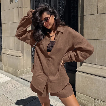 vmtvr Simple Women's Cotton Linen Suit Spring and Summer Women's Fashion Pleated Long Sleeved Shirt Loose Breathable Casual Shorts Set