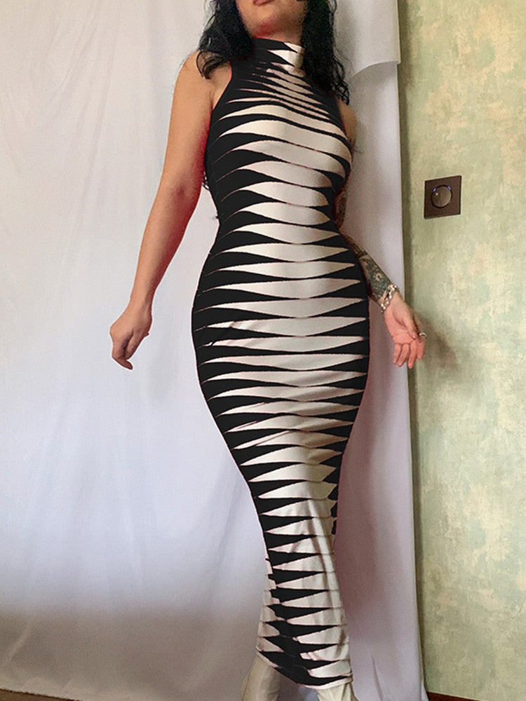 vmtvr Halter Sexy Dress Stripe Printed Bodycon Dress Summer Sleevless Mini Dress Club Female Outfit Streetwear Backless Dress