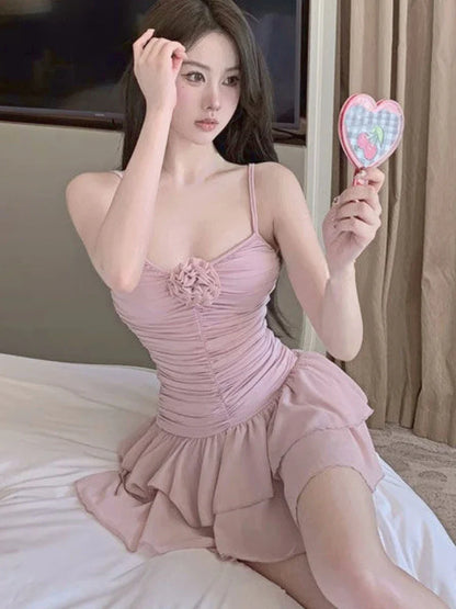 Summer Pink Sexy Sweet Strap Dress Women Korean Fashion Party Mini Dress Female Ruffled Backless Designer Suspender Dress