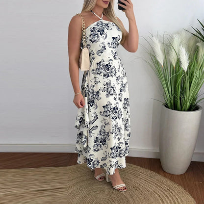 vmtvr Sexy Halter Hollow Sleeveless Holiday Dress New 2024 Summer Floral Print Ruffle Long Dress Fashion Backless Slim Party Dresses