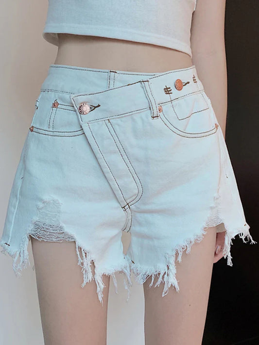 vmtvr Irregular Design Women Denim Shorts High Waist Summer Y2k Jeans Summer High Waist Tassel Cross Light Blue Female Shorts