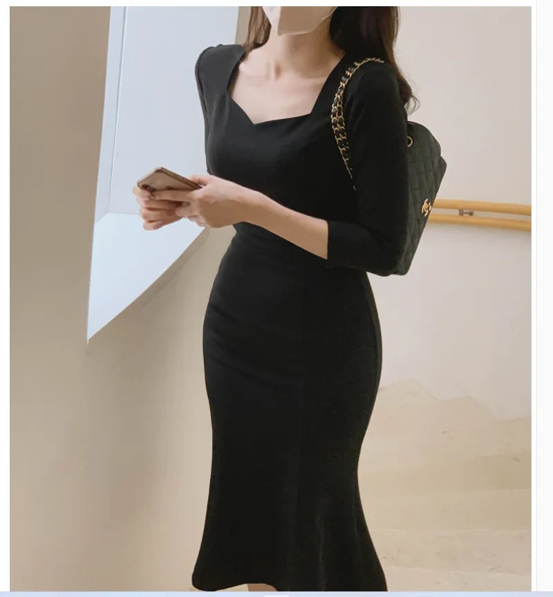 vmtvr  -  Korean Chic Sexy Fishtail Dress Summer New Fashion Versatile Styling Square Neck Slim Solid Colour Midi Party Dresses Women