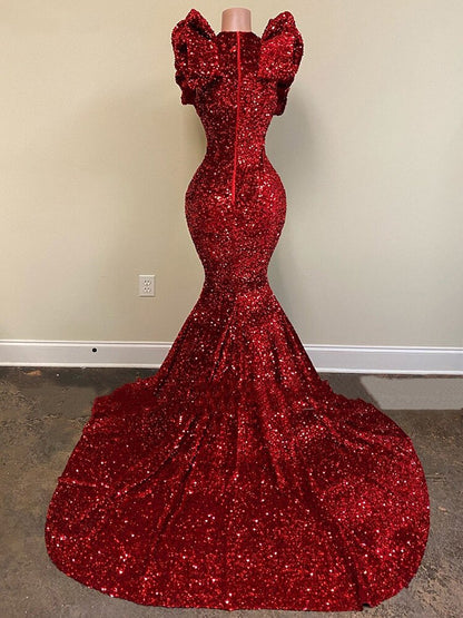 vmtvr Burgundy Sequin Long Mermaid Prom Dresses 2023 Black Girl Ruffles V-Neck Sleeveless Formal Evening Gown for Wedding