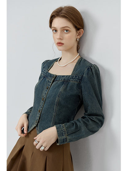 Dark Blue Women Retro Denim Sets Square Neck Puff Sleeve Female Blouses A-LINE Long Skirts Zipper Waist Women Denim Skirt