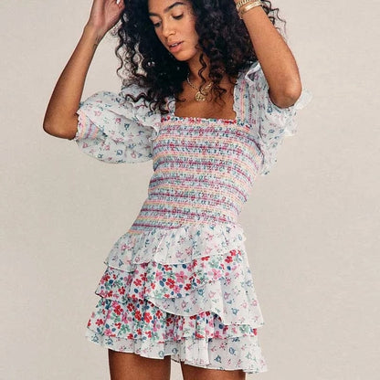 vmtvr 2023 Summer Mixed Floral Prints Ruffled Holiday Dress Square Neck Smocked Sexy Laides Dress Mini Dress