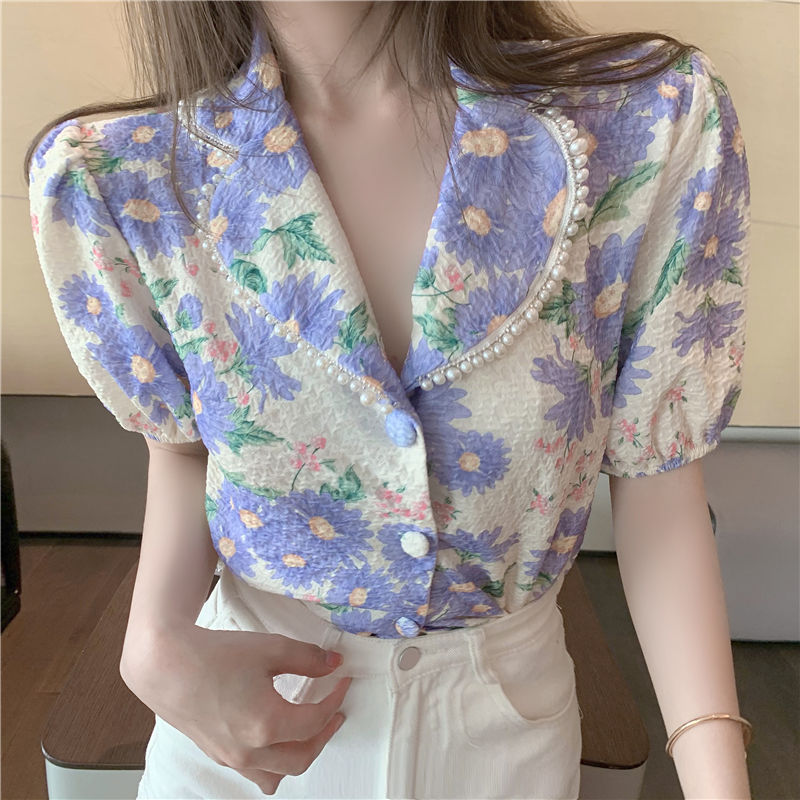 Blouse Women Summer  New French Style Short Sleeve High Waist V-Neck Blusas Womens Tops And Blouses