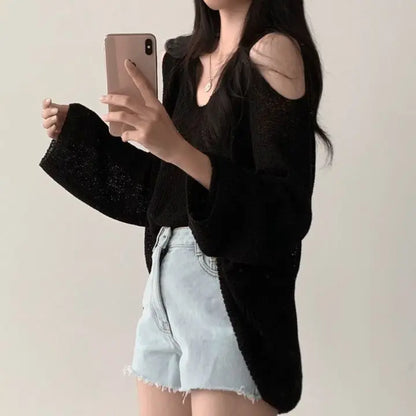 vmtvr Spring Summer Autumn Fashion Casual Solid Hollow Out Pullover Women's Soft Slim Tees Knitted Gentle Sexy Loose Sweater Top