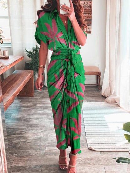 Spring Summer New Temperament Fashion Printed Long Dress Waist Tie-up Shirt Dress Streetwear Woman Clothes Robe Evening Dresses