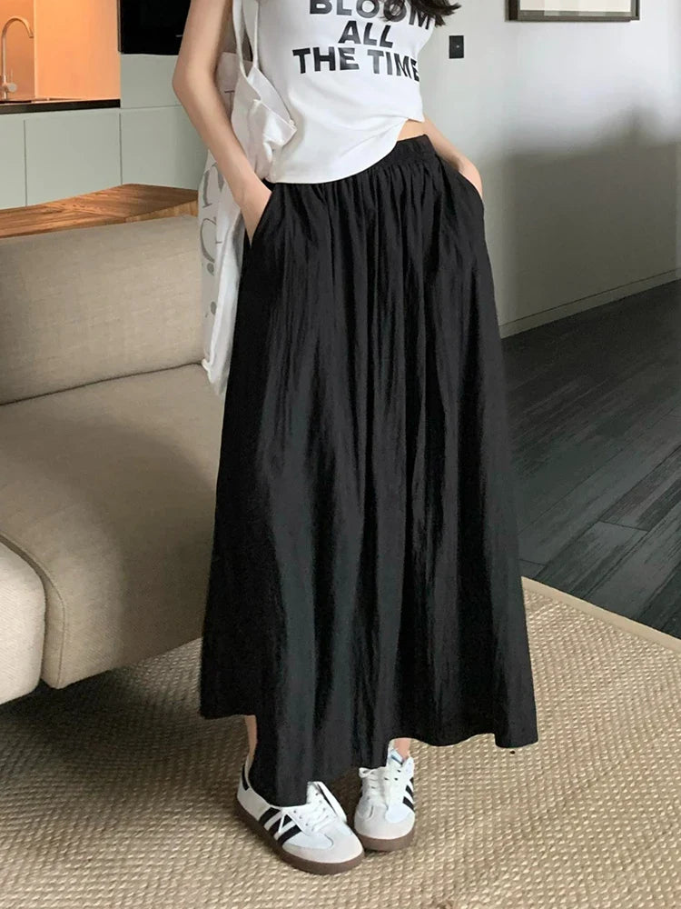 vmtvr Korean Fashion Women Wrinkle Skirt Harajuku High Waist A Line Mid Calf Skirt Summer Preppy Style Elegant Pockets Skirt New