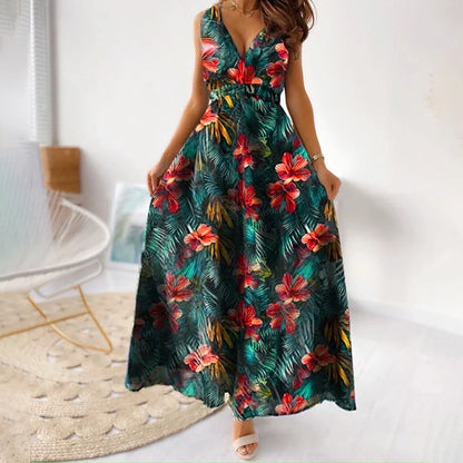 vmtvr Fashion Floral Dress for Women Clothing 2024 Summer Vacation Beach Sundress Elastic Waist Sexy Flowers Skirt Female Vestido Robe