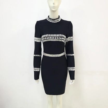 vmtvr - Brand New Women Winter Sexy Turtleneck Beading Long Sleeve Black Mini Bandage Dress  Elegant Evening Club Party Dress