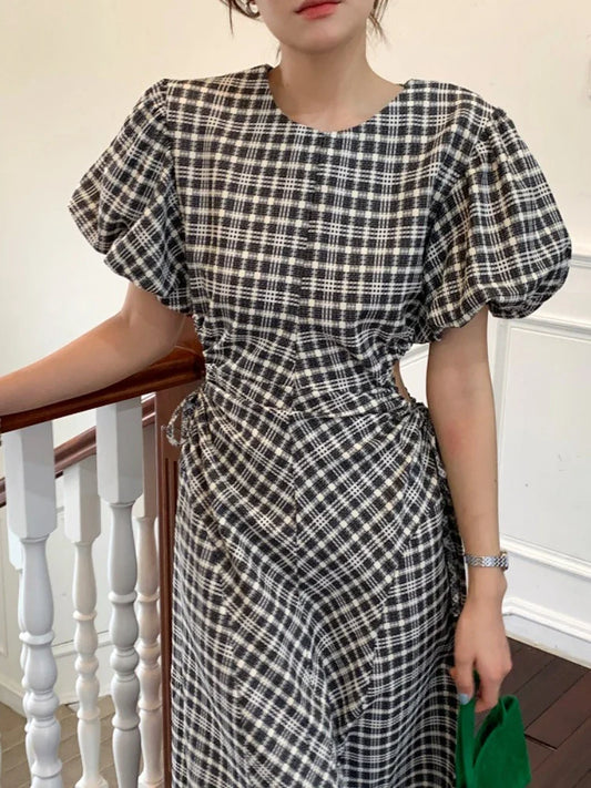 vmtvr  -  Women's Summer Vintage Long Plaid Dress Waist Exposed Female Puff Sleeve Drawstring Holes A-line Midi Sundress