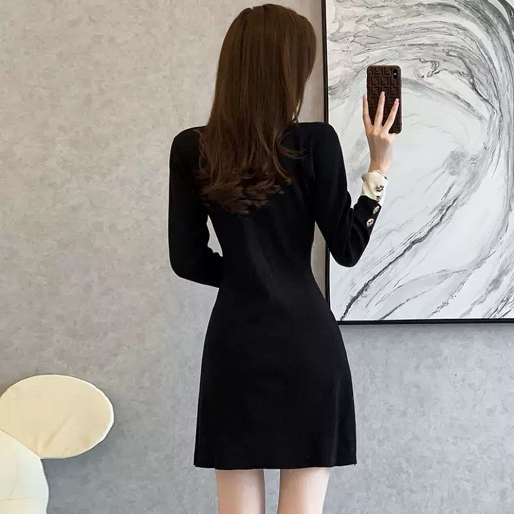 Small Fragrance Style Knitted Dress Women Autumn  New Slim Little Black Dress Female Fashion Bodycon Sweet Mini Dress Trend