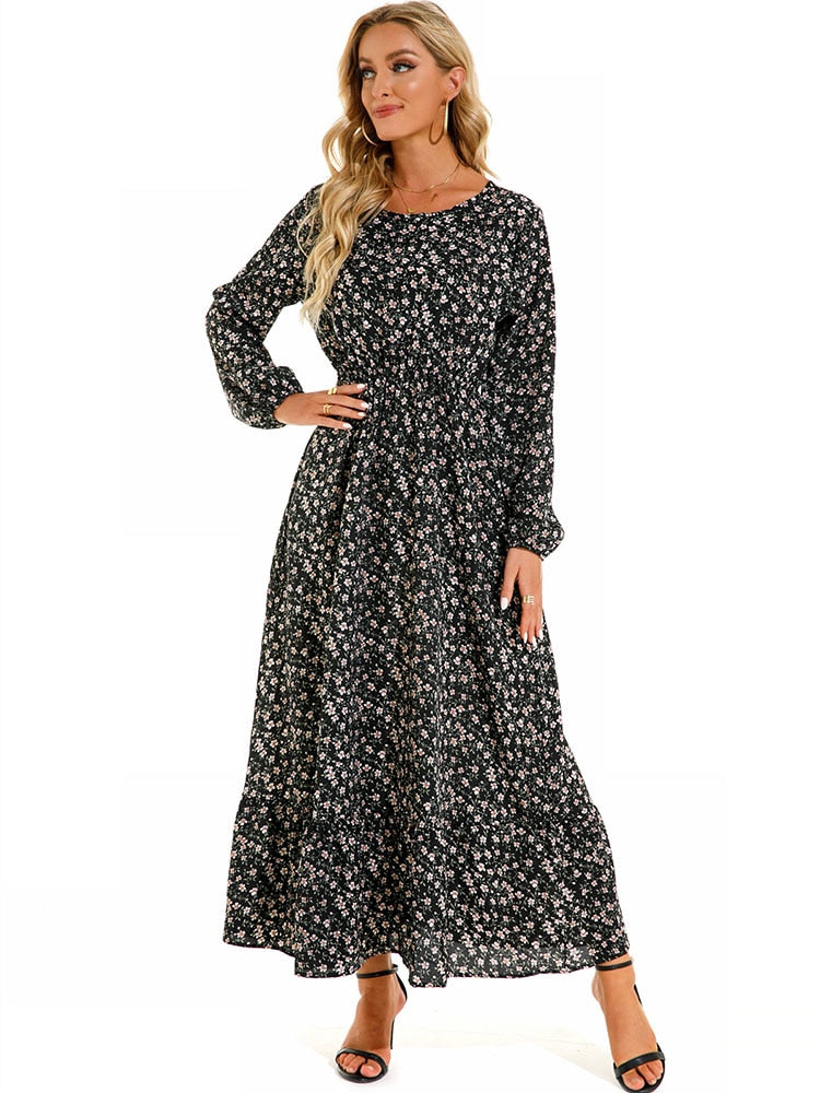 vmtvr - Elegant Floral Print Women Dress Spring Summer Casual O Neck Long Sleeve Chiffon A Line Long Maxi Dress Party Vestidos