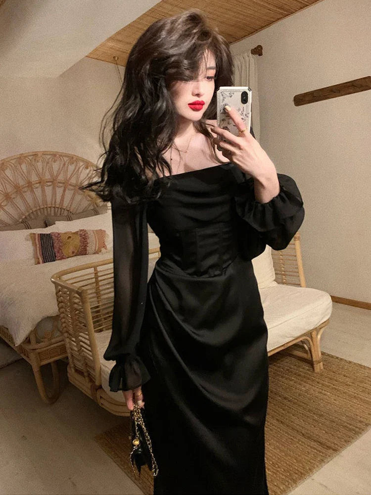 2024 Solid Elegant Fairy Dresses Women Casual Party Fashion Korean One Piece Dress Female Lace Vintage Chic Midi Dresses