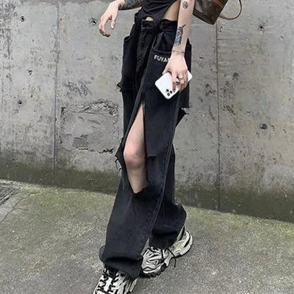 vmtvr High Waist Women Hollow Out Jeans American Style Hip Hop Hole Loose Wide Leg Pants Summer Fashion Streetwear Female Denim New