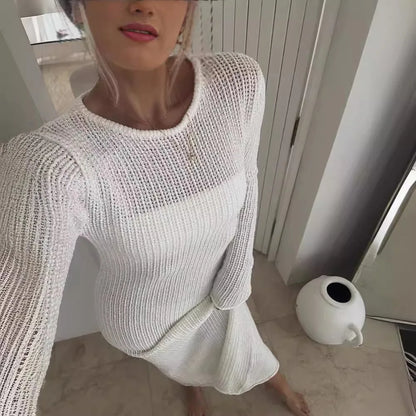 vmtvr  -  White Knitted Beach Dress Women Fashion Hollow Out Slim Long Sleeve Holiday Dresses Summer Sexy See Through Bikini Cover Up