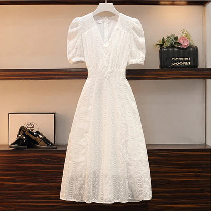 vmtvr Elegant V-neck Midi Dress Women Summer Puff Sleeve White Casual Party Dress Female Office Kawaii Lace One-piece Dress Korean Y2k