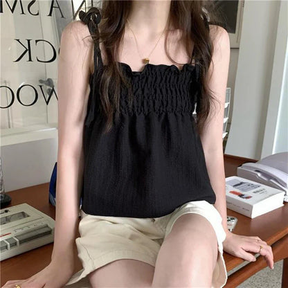 vmtvr Sexy Off Shoulder Camis Women Summer Ruched Loose Lace Up Tops Y2K All Match Female Korean Black Tanks New