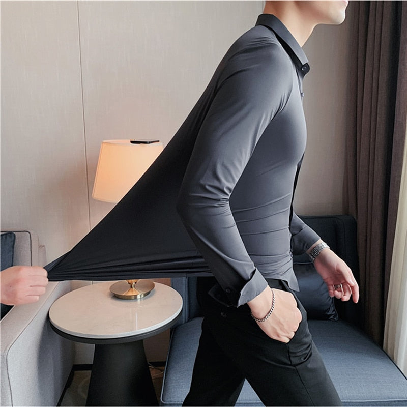 New High Elasticity Seamless Men's Shirt Long Sleeve Slim Casual Shirt Solid Color Business Formal Dress Party Shirts 4XL-M