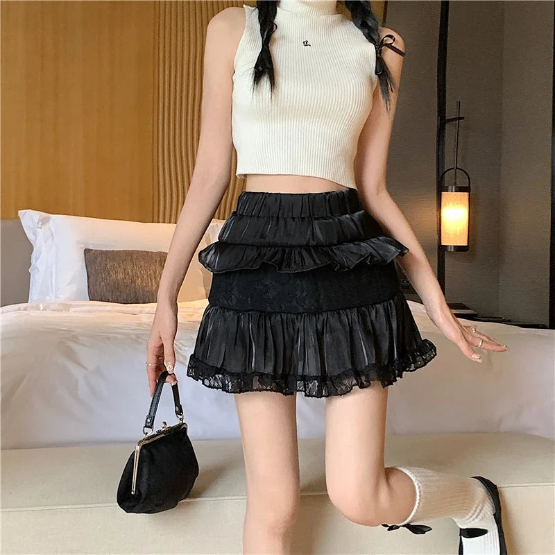 vmtvr Summer Sweet Skirts Women High Waist Slim A-line Gauze Jupe Faldas Mujer Korean Fashion Mini Skirt Black White Y2k Clothes