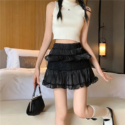 vmtvr Summer Sweet Skirts Women High Waist Slim A-line Gauze Jupe Faldas Mujer Korean Fashion Mini Skirt Black White Y2k Clothes