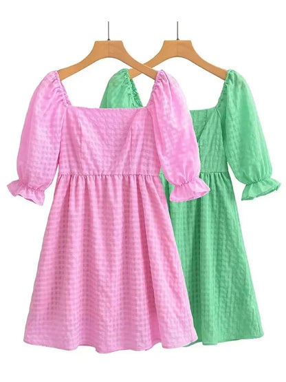 vmtvr   -  Gingham Print Square Collar Green Summer Short Dress A-line Cute Puff Sleeve Fashion Pink Back Smocked Mini Beach Dress