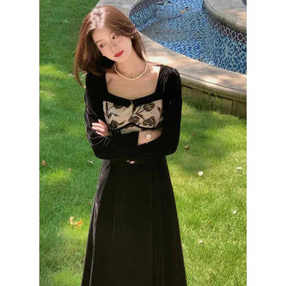 vmtvr  -  Elegant Women Dress Velvet New French Vintage Party Evening Dress Office Ladies Casual Long Sleeve Y2K Black Female Clothing