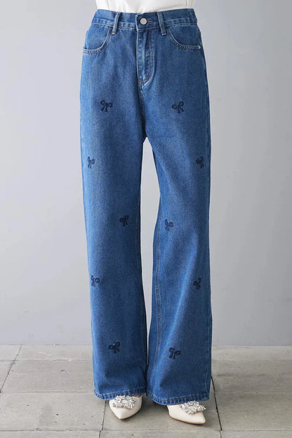 vmtvr Stylish Women Embroidery Bow Denim Wide Leg Pants Ladies High Waist 2024 Spring Summer Loose  Jeans Trousers