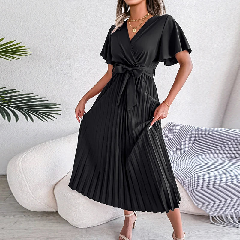 vmtvr Elegant Deep V-neck Short Sleeve Party Dress 2024 Summer Casual Solid Color Maxi Dress Women Fashion Pleated Long Dress Vestidos