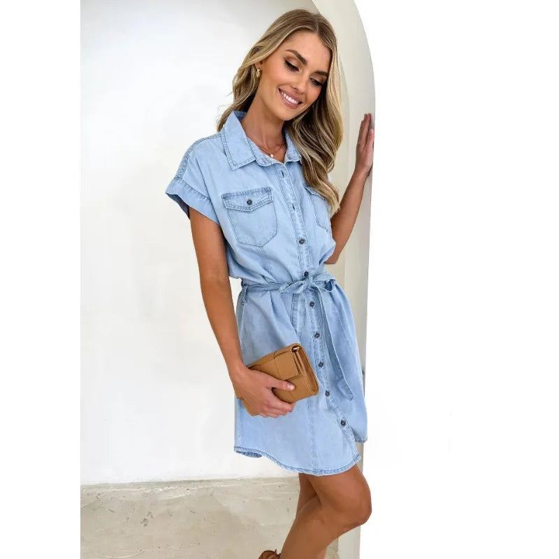 vmtvr  -   Spring Summer New Women's Clothing Fashion Loose Casual Denim Short Sleeve Dress Sexy High Waist Solid Color Dress