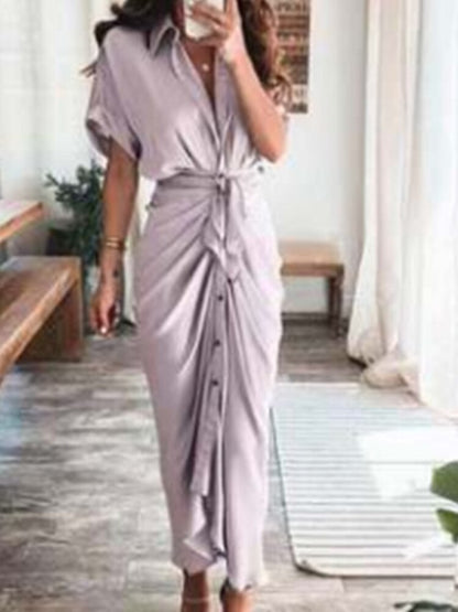 Spring Summer New Temperament Fashion Printed Long Dress Waist Tie-up Shirt Dress Streetwear Woman Clothes Robe Evening Dresses