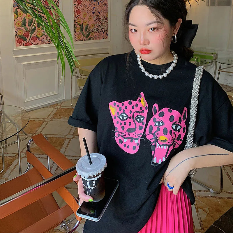 -Retro sports style outfit streetwear 90s fashion Kpop Pink Leopard Printing Women Summer Street Fashion Black T Shirts Short Sleeve Loose Cotton Tops 90s Y2K Tee Shirts