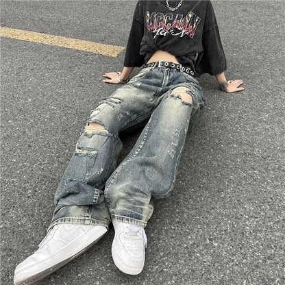 vmtvr Vintage Women Distressed Washed Jeans Spring Summer New Loose Pants Trend Hip Hop High Waist All-match Fashion Straight Trousers