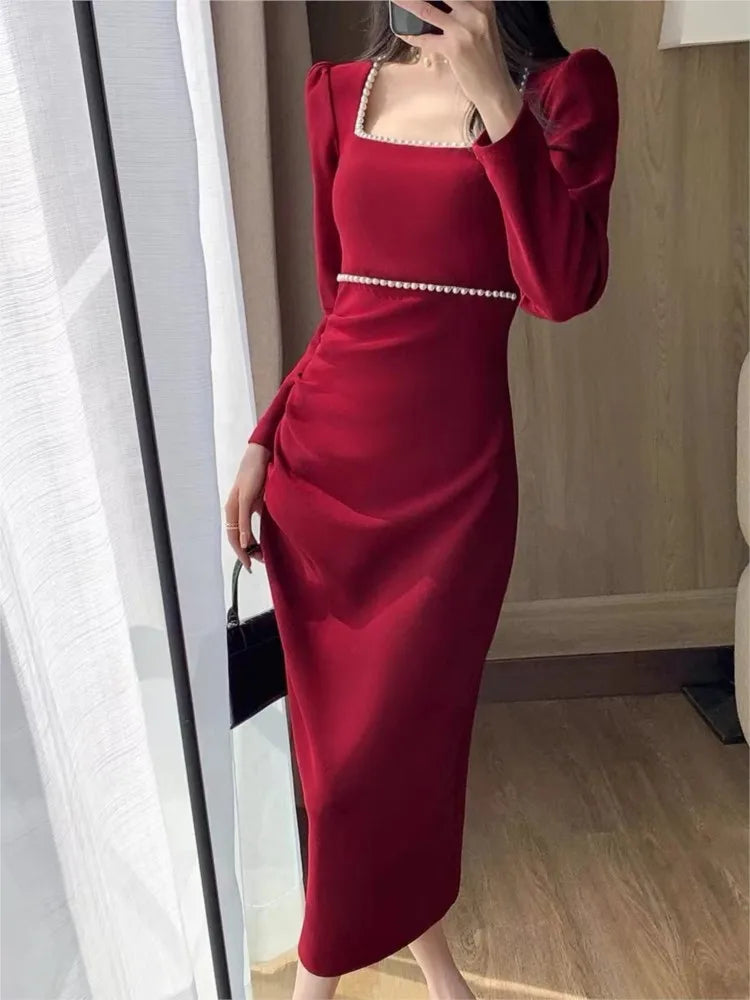 vmtvr Autumn Fashion Vintage Women Red Dress Sexy Bodycon Slim Party Wedding Dresses Chic Elegant Female Clothes Robe Vestidos